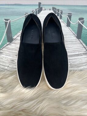 Vince Black Suede Slip-On Loafers with White Rubber Sole